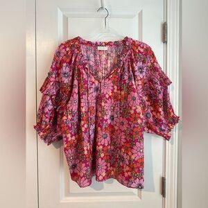 RAMY BROOK Eugenia Floral-Print Voluminous Blouse Pink Orange Size L